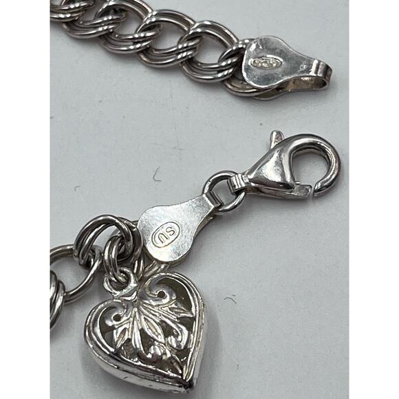 SU Sterling Silver Signed Italy Double Link Charm Bracelet With Heart Charm - Picture 6 of 8